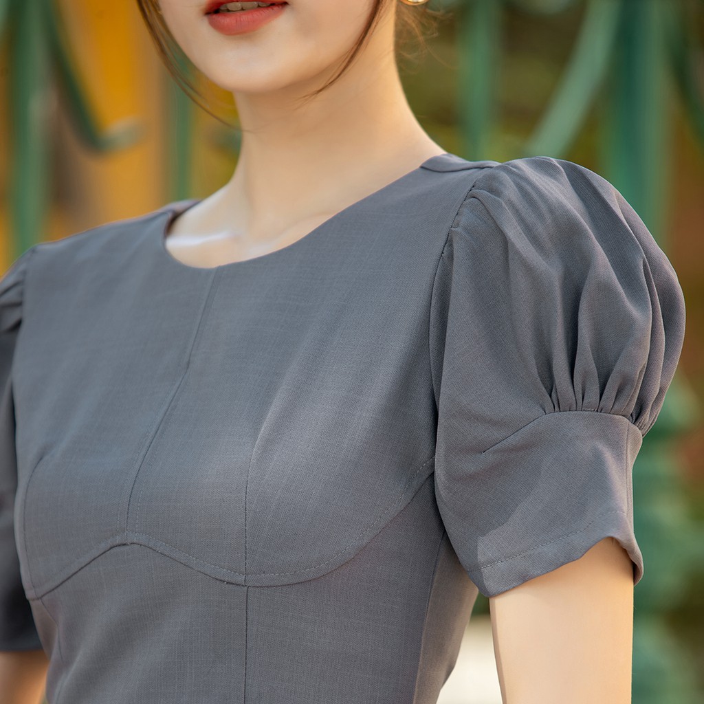 Đầm xòe chữ a tay phồng xếp li thời trang Eden cỗ tròn có túi chất liệu mềm mát không nhăn co giãn nhẹ - D437