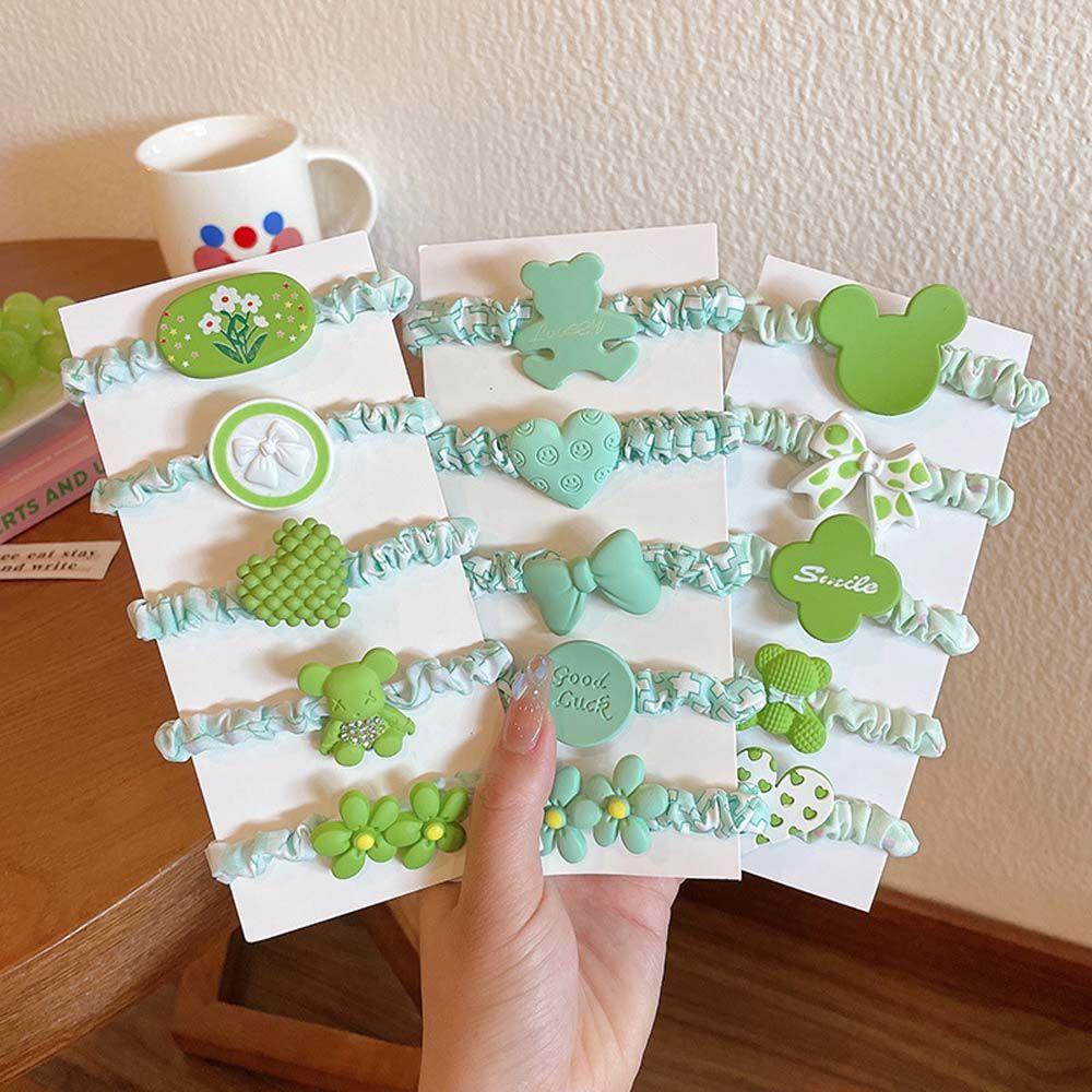 Set 5 Dây Cột Tóc Hình Cỏ Bốn Lá / Gấu Màu Xanh Lá Phong Cách Hàn Quốc Xinh Xắn Cho Bé Gái