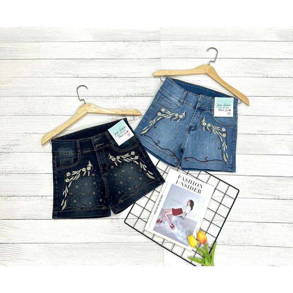 Quần sọt jean nữ co giãn lưng cao 2 nút thêu hoa đính hạt có size đại