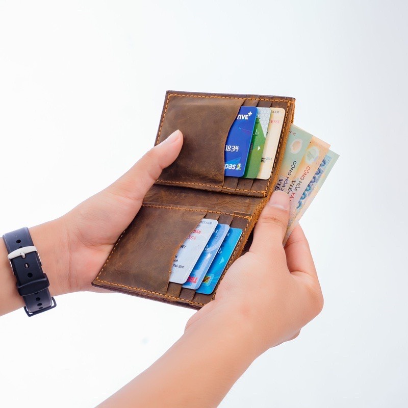 Ví nam da bò sáp ngựa điên khâu tay thủ công loại một ngăn dáng đứng dáng ngang chính hãng Bioline