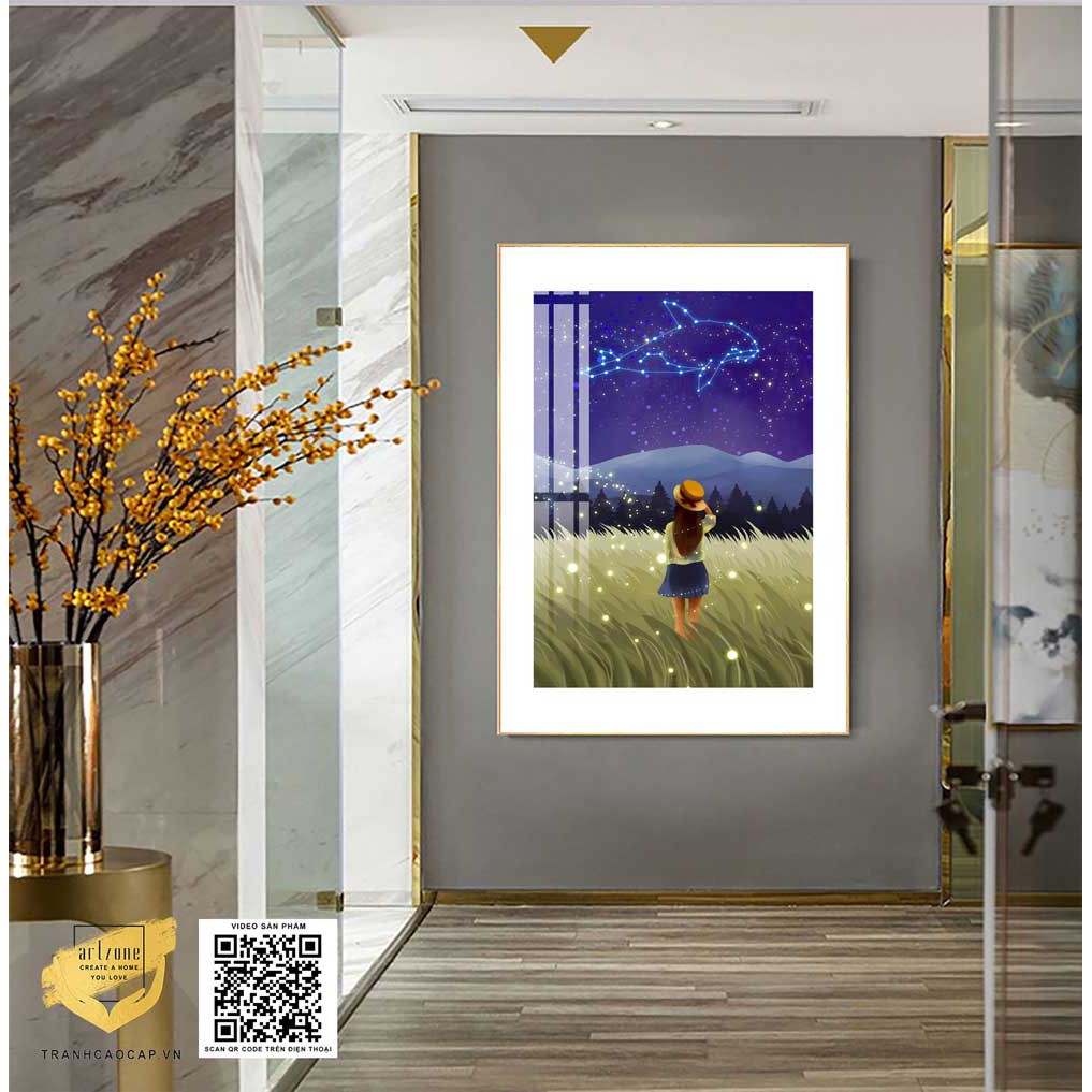 [Đơn giản] Tranh Canvas Đôi bạn gái nhỏ tự do ung dung tự tại thả hồn giữa rừng hoa vàng trên cỏ xanh