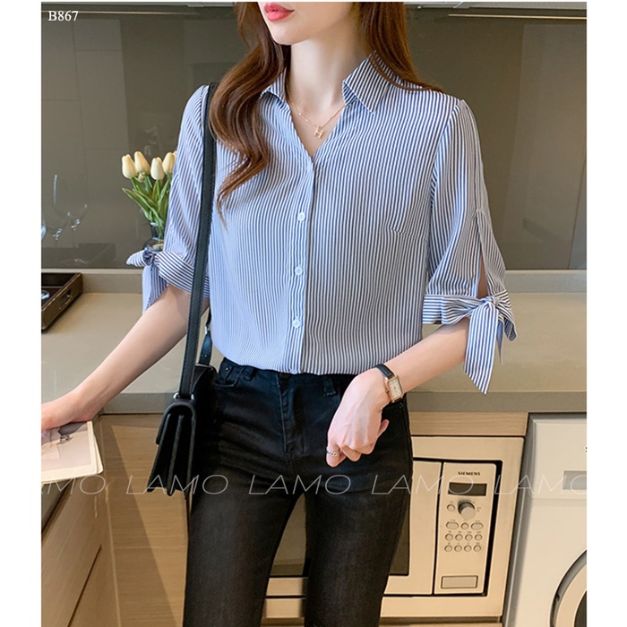 Áo nữ công sở sọc phối tay cột nơ LAMO- B867 | BigBuy360 - bigbuy360.vn