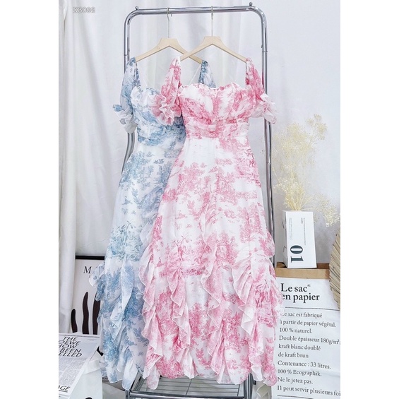 Đầm maxi hoa đi biển, váy hoa bèo bẹt vai hai màu sàn để