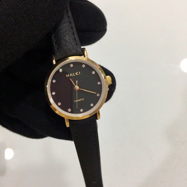 Đồng hồ Halei nữ mặt đen dây da đen chống nước | BigBuy360 - bigbuy360.vn