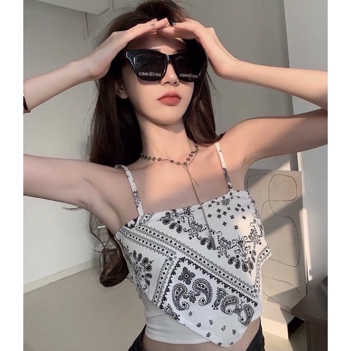 Áo 2 Dây Nữ Kiểu Yếm Croptop Thổ Cẩm Khăn Bandana Hai Màu Đen Trắng Chất Len Tăm - BR24 Black Rose