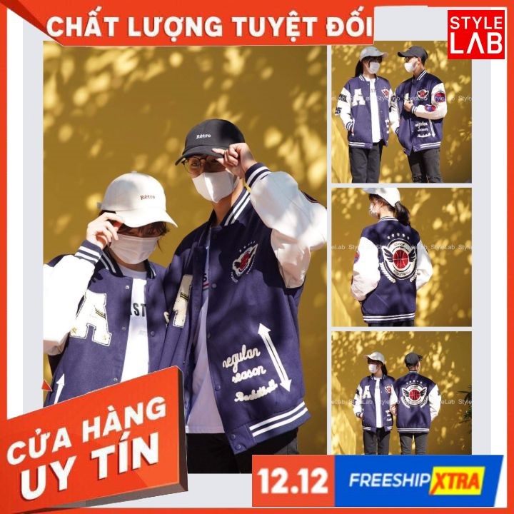 Áo Khoác Bomber, Varsity Jacket "A Chock" Nam Nữ Thân Dạ Tay Da Xanh Dương Đậm