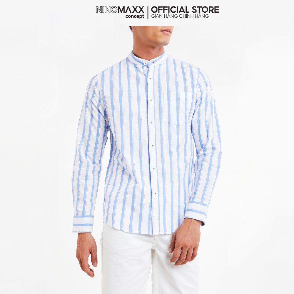Ninomaxx Áo sơ mi nam cổ trụ kẻ sọc chất cotton 2003111