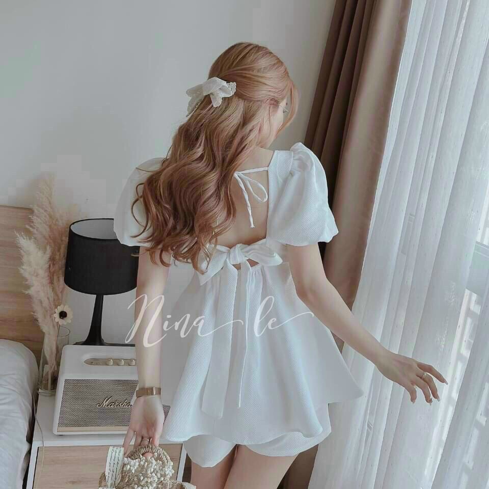 sét bộ đùi nơ sau cổ vuông tay ngắn bồng