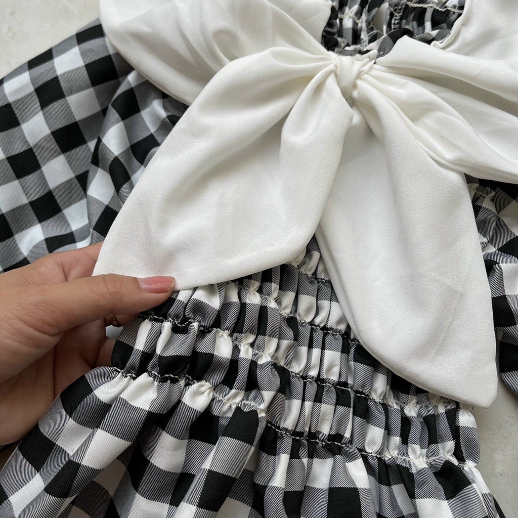 Áo kiểu nữ, áo nữ caro đen trắng phối nơ sọc caro đủ size S M L SKUA-18