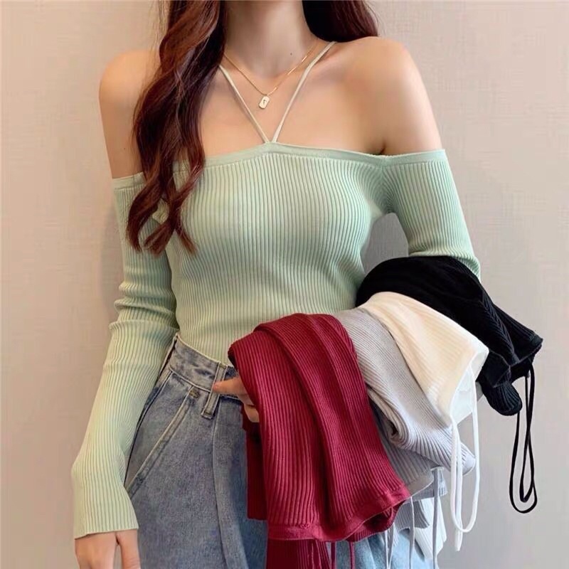 áo len dệt kim trẽ vai rơi tay mix dây chéo vai (11202-2#)