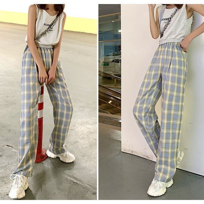 Plaid Wide Leg Pants Women Summer 2021 New High Waist Loose Straight Leg Pants Casual Pants