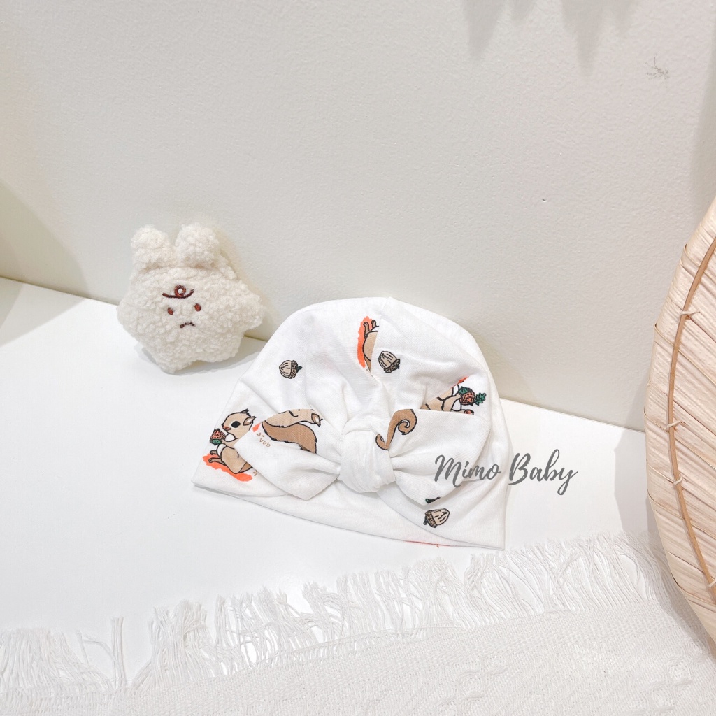Mũ turban màu trắng họa tiết chú sóc nhỏ đáng yêu cho bé MTB99 Mimo Baby