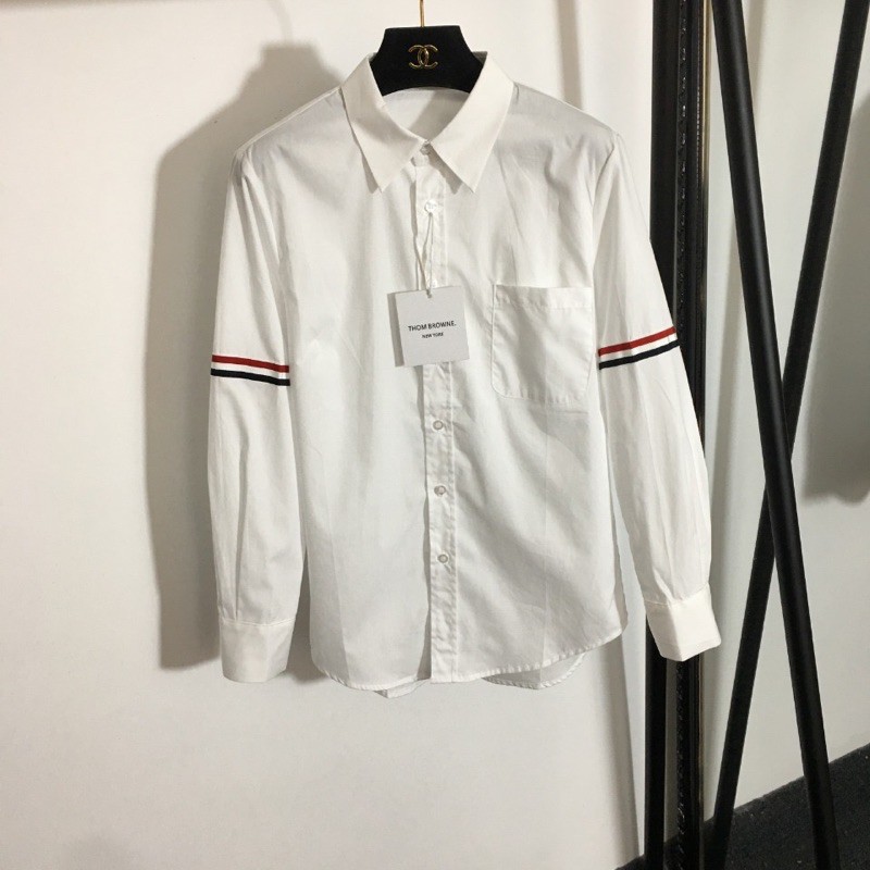 Áo sơ mi trắng cho nữ thời trang cao cấp Thom Brown TB bản tay áo đính sọc vải đen đỏ