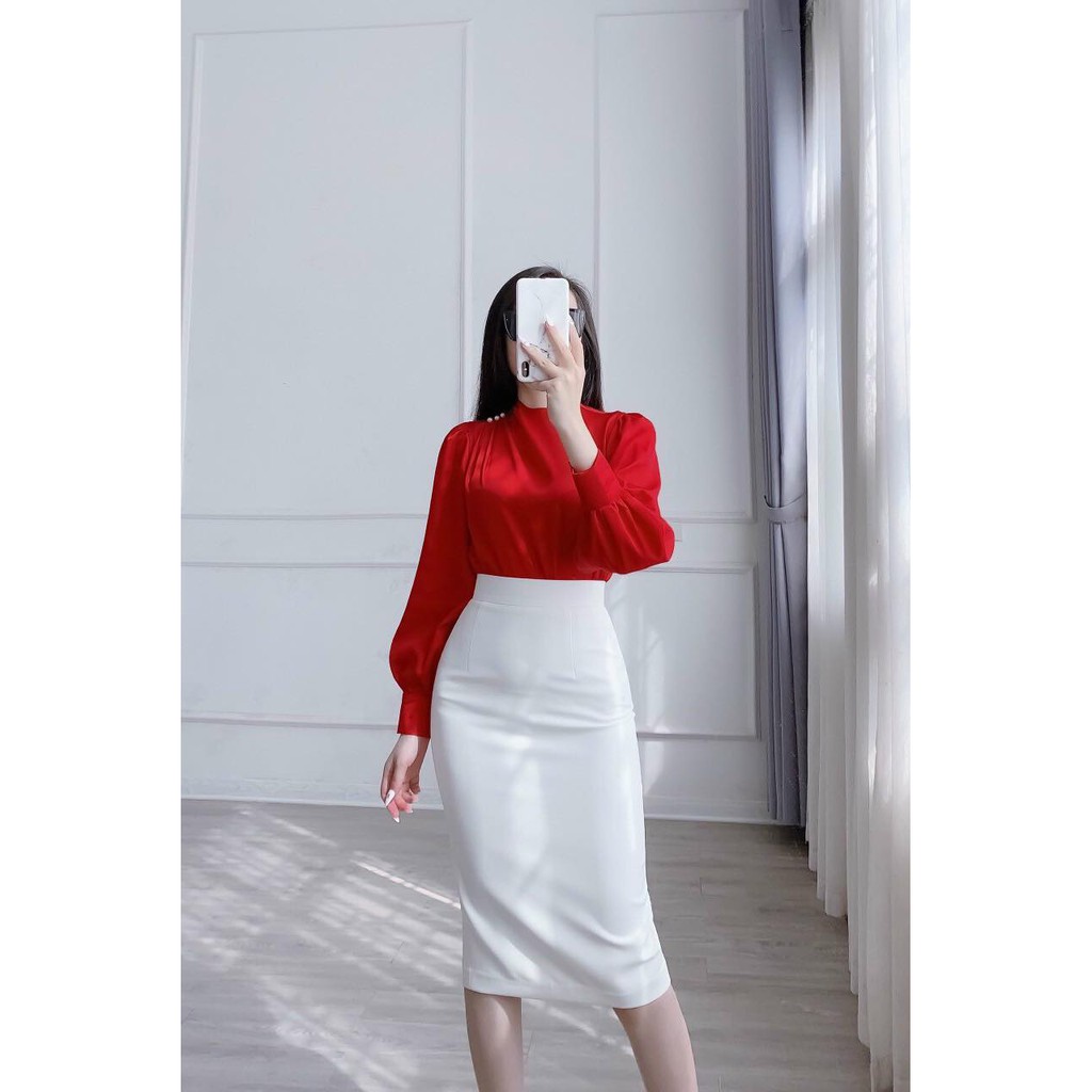 Chân váy bút chì màu trắng xẻ sau dài 68cm hàng chuẩn hàng công sở cao cấp chất co giãn