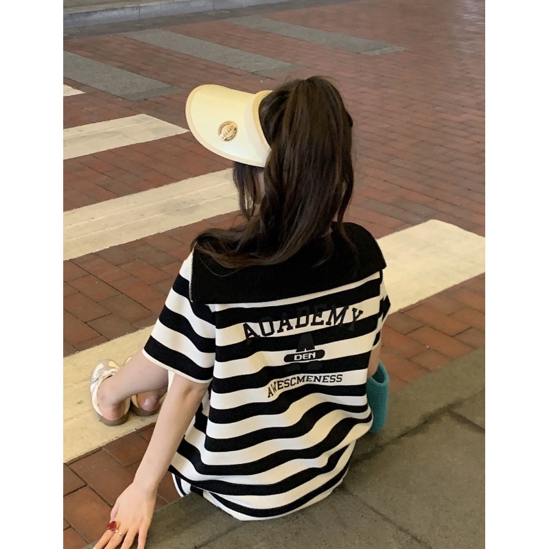 COZOK Đầm Sọc Cổ Hải Quân In Hình monogram Cổ Điển