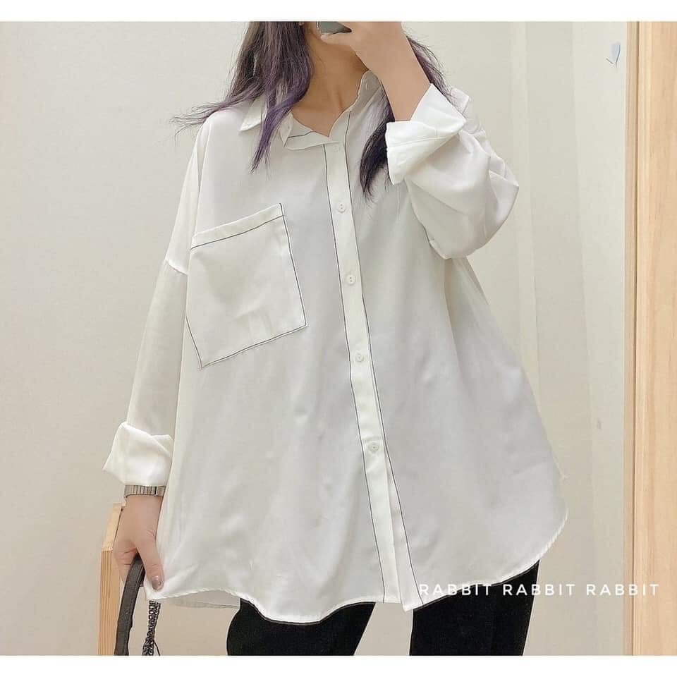 ÁO SƠ MI NỮ OVERSIZE VIỀN CHỈ NỔI DÁNG RỘNG TÚI NGỰC - ÁO SOMI TRẮNG ĐEN STYLE HÀN QUỐC