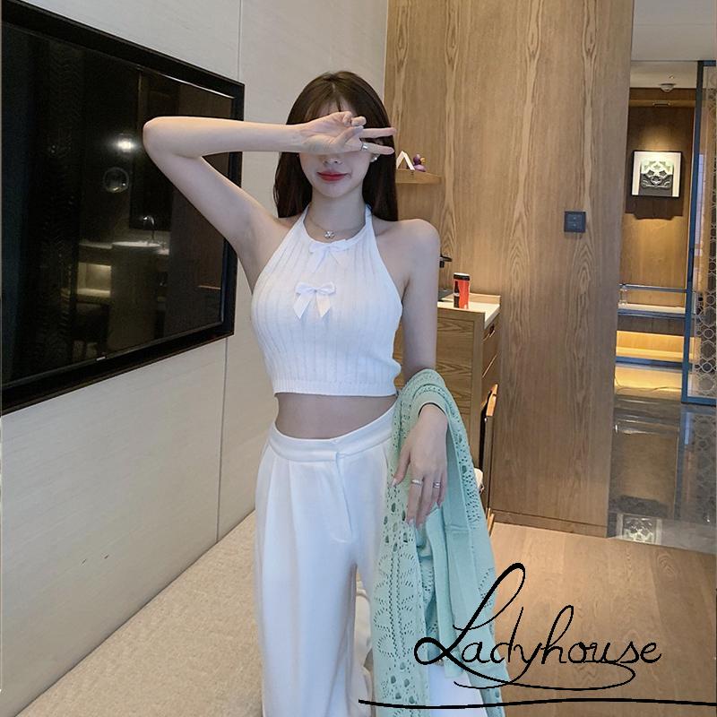 LD-Women Summer Crop Tops, Bowknot Decorative Halter Neck Sleeveless Backless Knit Tank Tops for Girls,