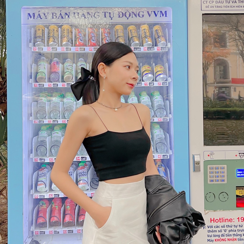 Áo hai dây cotton croptop dáng ngắn thiết kế T-Ju, màu đen, trắng, dáng ôm basic | BigBuy360 - bigbuy360.vn