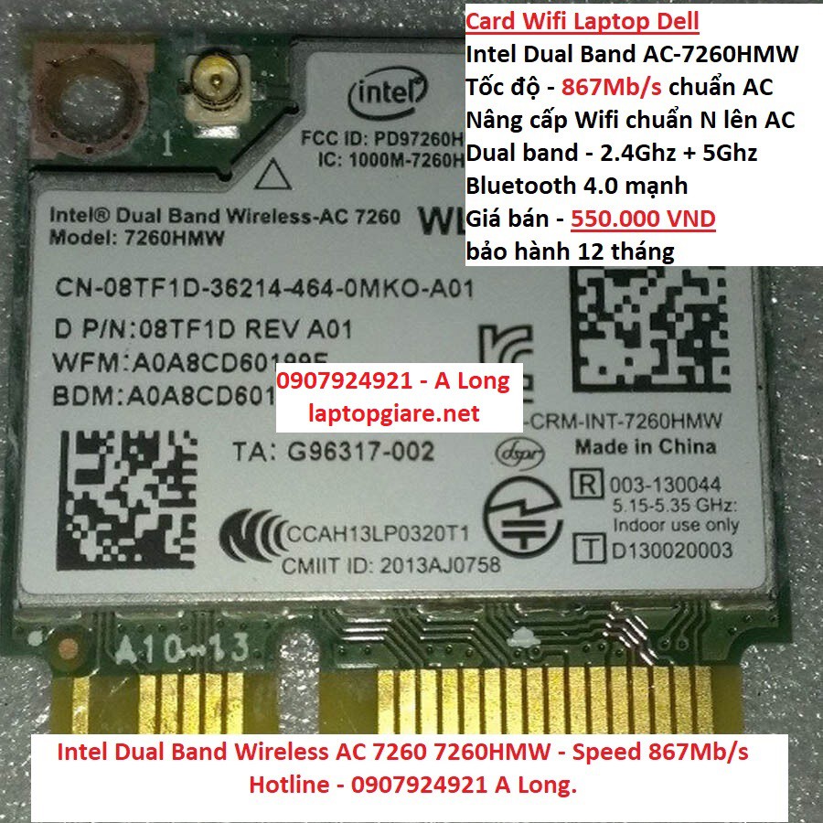  Card Wifi Laptop AC-7260 867mb/s có Bluetooth 4.0 Dell Precision M4800 M6800 | WebRaoVat - webraovat.net.vn