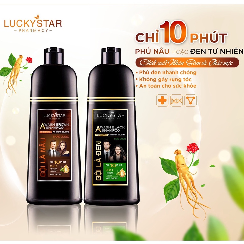 Combo Gội Là Đen &amp; Gội Là Nâu Thảo Dược Cao Cấp Lucky Star - 2Chai*500ml