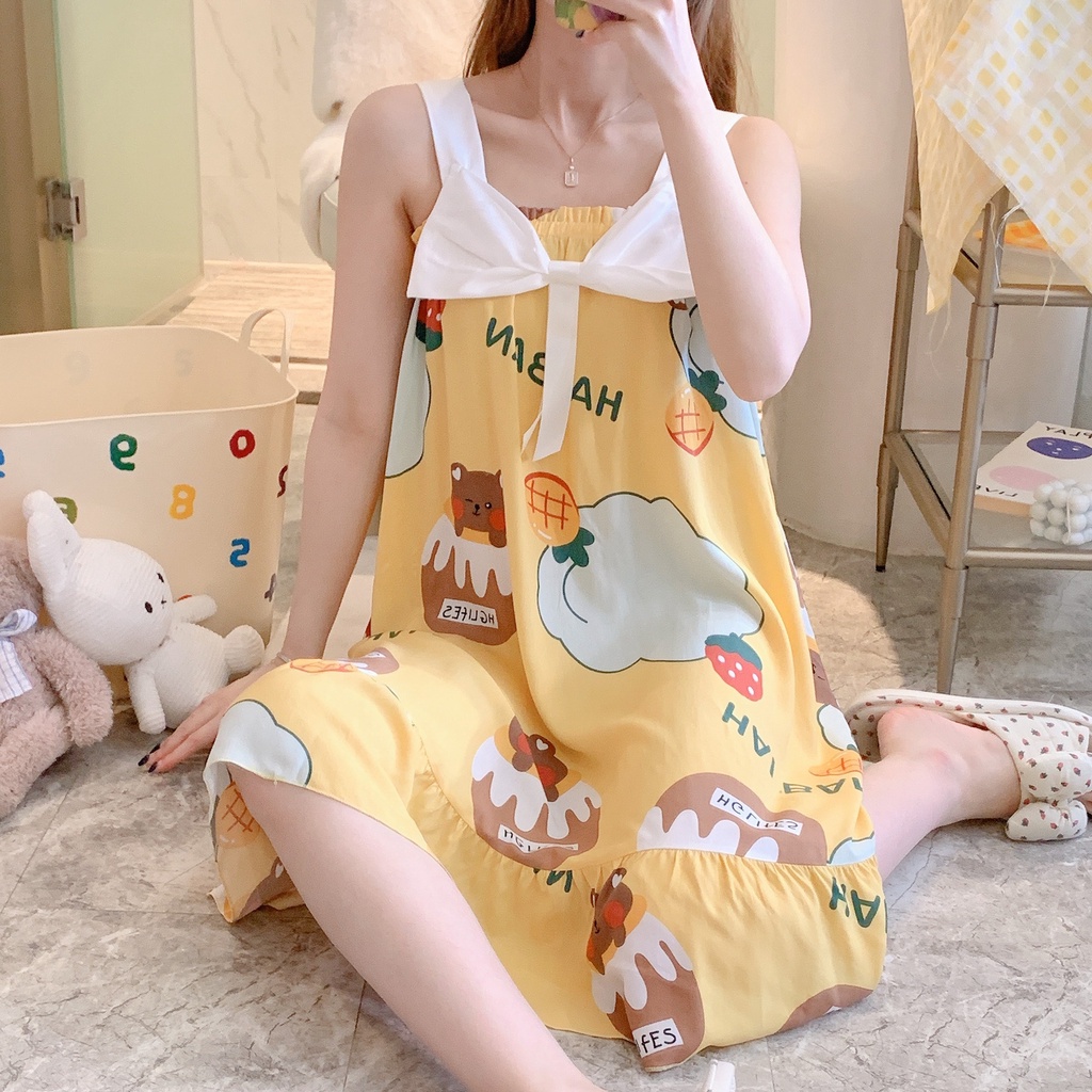 Đầm ngủ hai dây mặc nhà , váy ngủ nữ họa tiết dễ thương đáng yêu cho mùa hè