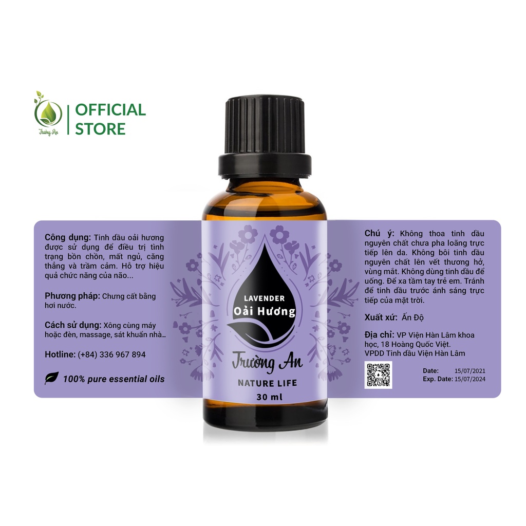 Tinh dầu oải hương Lavender Trường An Natural Life, , xuất sứ thiên nhiên không pha tạp chất, có giấy kiểm định COA