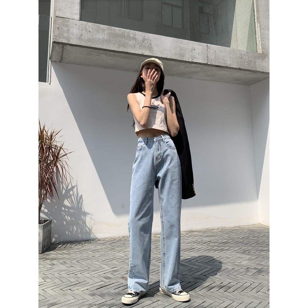 Quần Jean Nữ Dáng Suông Baggy Cạp Lưng Cao Trơn Chất Bò Dày Dặn Màu Xanh Trơn Ulzzang