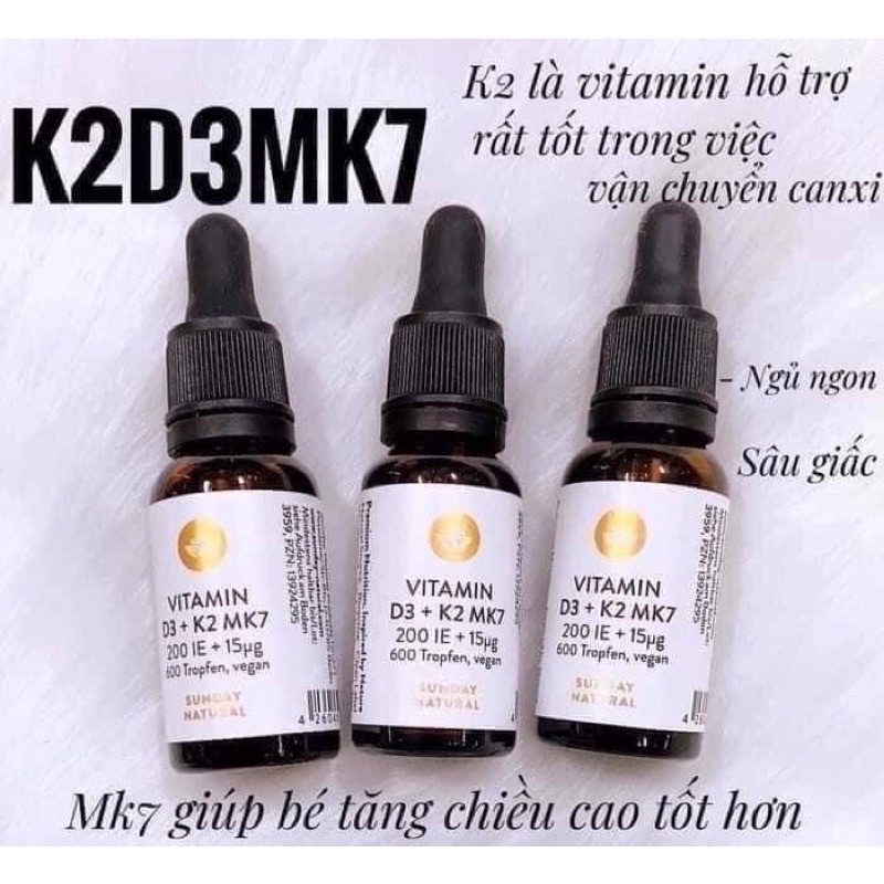 Vitamin D3 K2 MK7 Sunday Natural Đức 15µg 20ml Bổ Sung Cho Trẻ Từ Sơ Sinh Đến 4 Tuổi