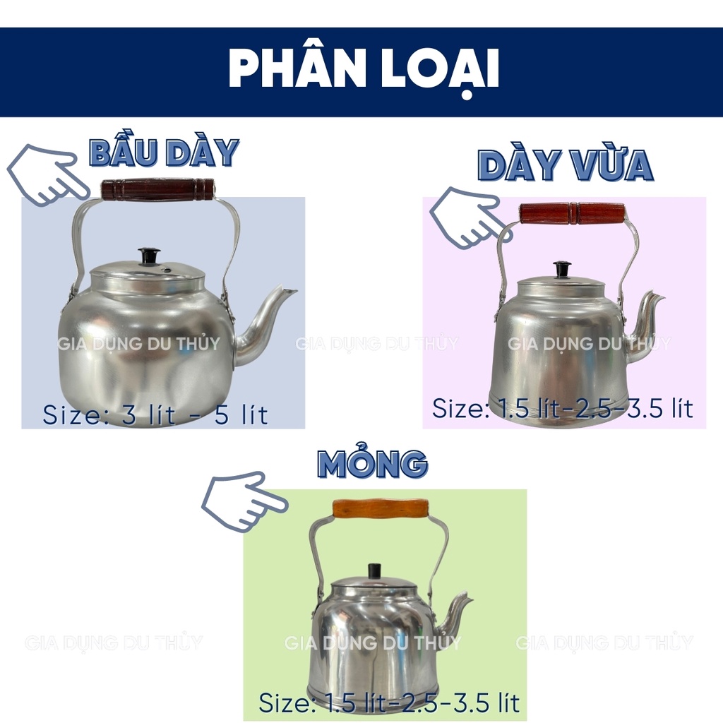 Ấm nhôm đun nước, nấu sắc thuốc Tân Đức Thành, dung tích 1.5l -  5l, nhôm dày an toàn sức khỏe của gia dụng Du Thủy