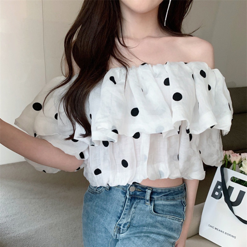 Áo Sơ Mi Tay Ngắn Hở Vai Dáng Rộng Họa Tiết Chấm Bi Thời Trang Mùa Hè Quyến Rũ Cho Nữ