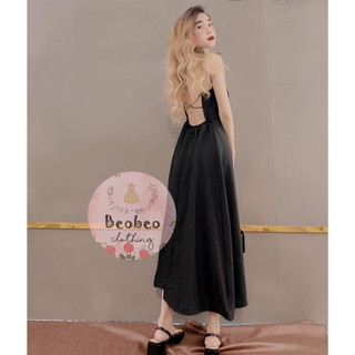 [Ảnh thật] Đầm maxi đen 2 dây đan dây lưng vintage