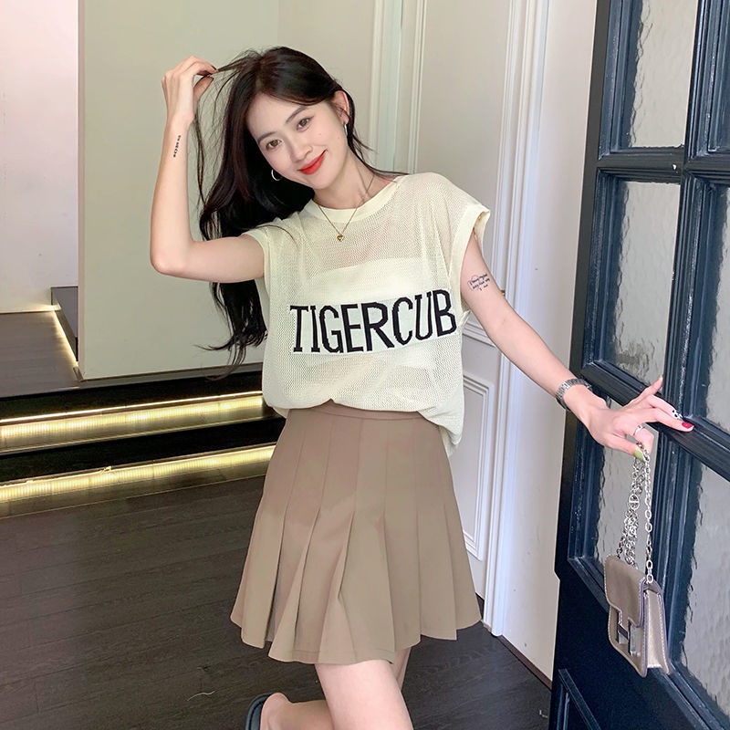 Áo Thun Dệt Kim Sát Nách Vải Lụa Lạnh Mỏng Thêu Chữ Kiểu Retro Mỹ Thời Trang Mùa Hè Cho Nữ