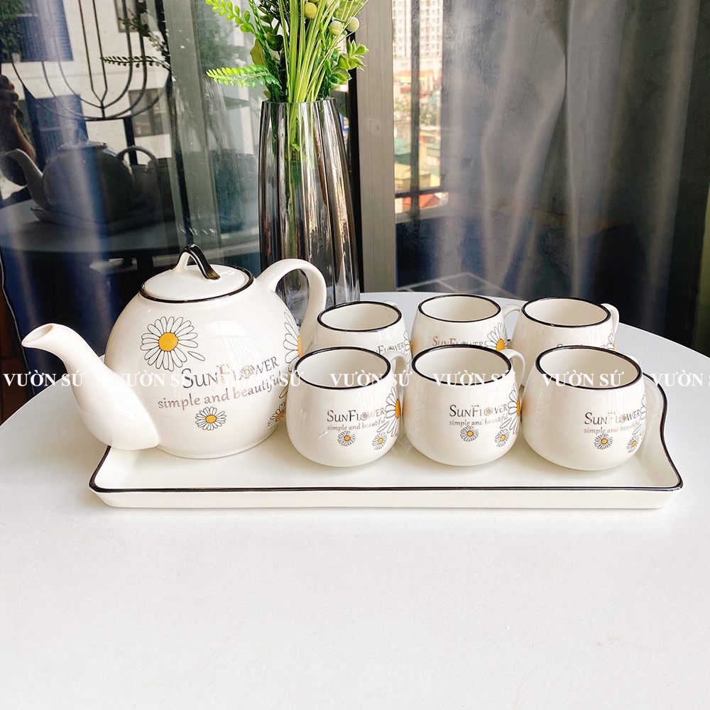 Bộ ấm trà sứ 6 chén kèm khay họa tiết độc lạ mẫu mới - VS272