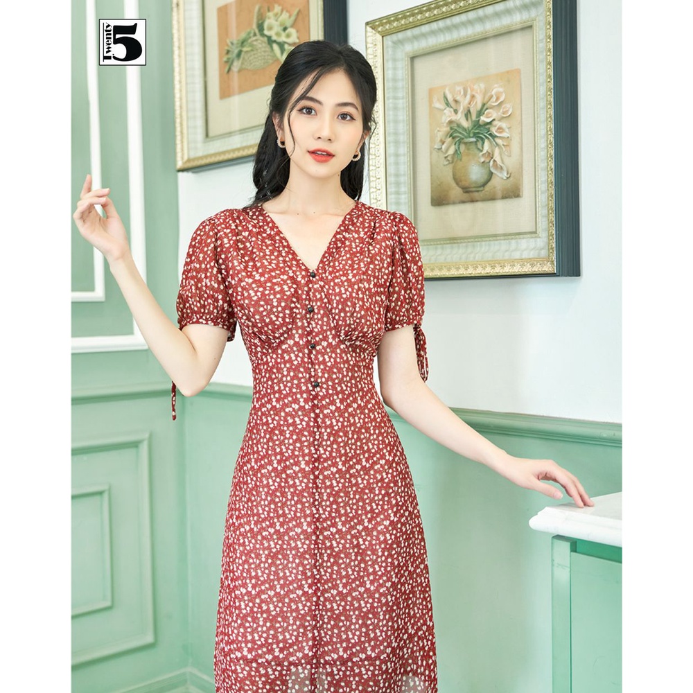 Đầm nữ voan hoa nhí cổ V 2 lớp thắt nơ tay ôm eo Twentyfive N2153