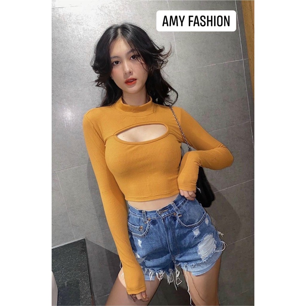 Áo thun gân cổ cao khoét xẻ hở ngực tay dài Mc