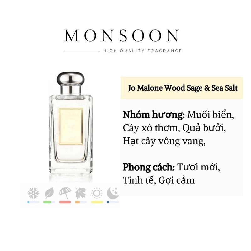 Nước hoa nam nữ (unisex) Jo Malone Wood Sage Sea Salt EDP cao cấp Monsoon thơm lâu mùi hương gỗ biển tươi mát