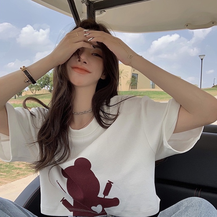 QADCOL Áo Thun Tay Ngắn Dáng Rộng In Hoạt Hình Đáng Yêu Cho Nữ