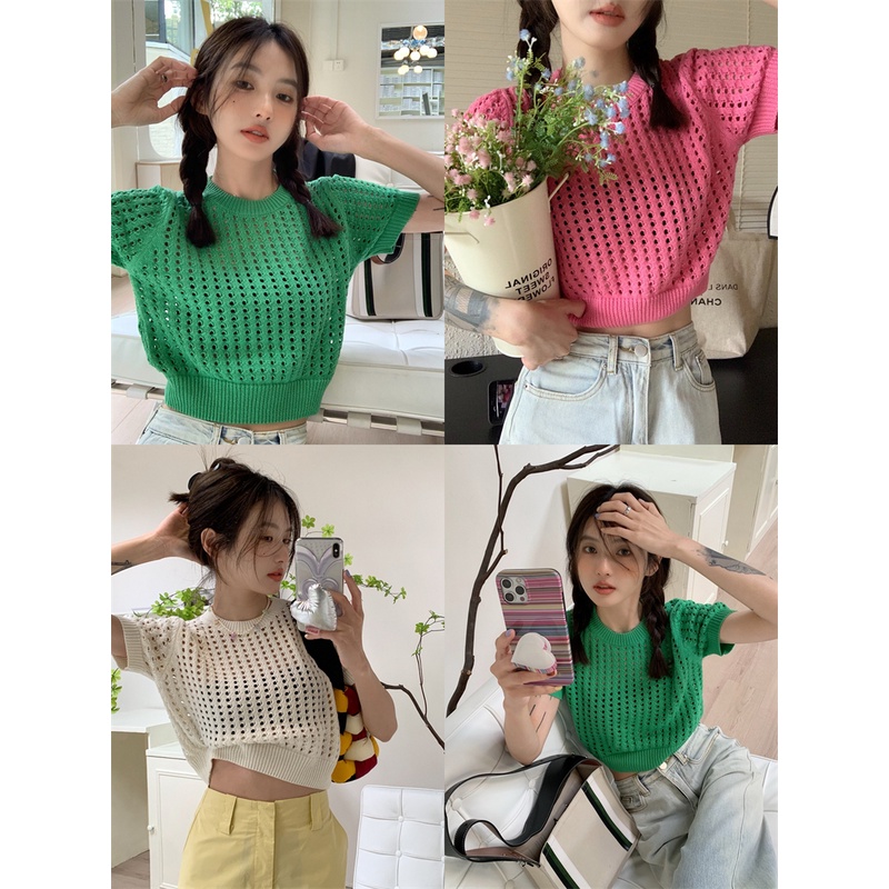 QKOOLE  Áo Thun Croptop Dệt Kim Tay Ngắn Cổ Tròn Thời Trang Mùa Hè Phong Cách Hàn Quốc Cho Nữ