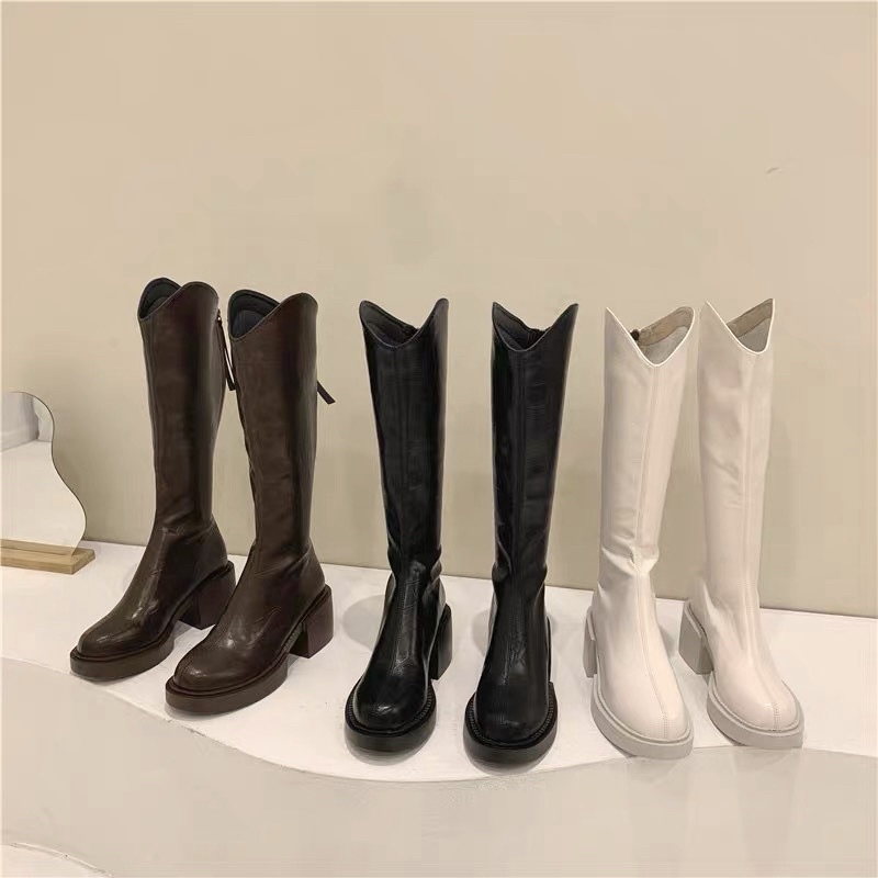 [ Sẵn Đen sz 36,37,39 Kem 35,36,38,39, Có lót lông ] Boots đùi cổ V nâng 6cm chiến binh dành cho nàng cá tính | BigBuy360 - bigbuy360.vn