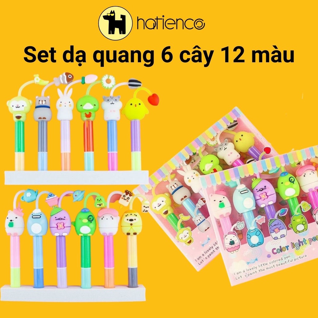 Set bút highlight, bút dạ quang 12 màu đầu thú dễ thương