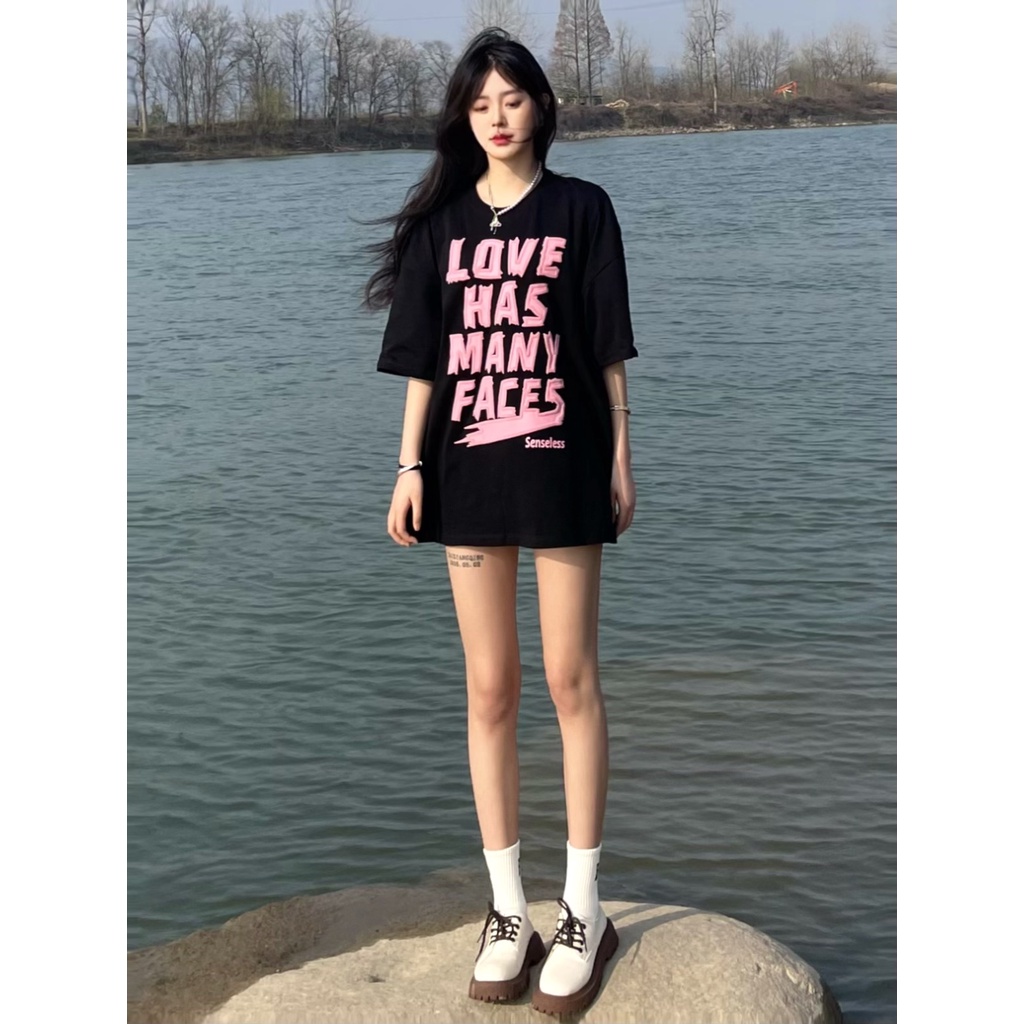 Áo Thun Nữ Ngắn Tay Màu Đen In Chữ Phong Cách Retro Mỹ