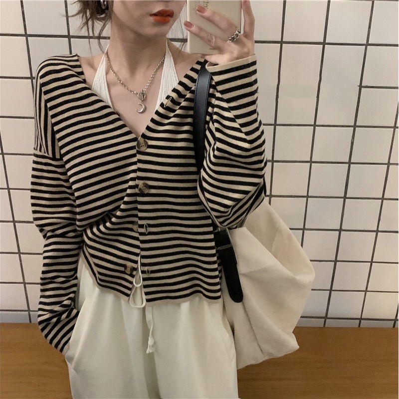 Áo khoác cardigan dệt kim cổ chữ V họa tiết kẻ sọc thời trang xuân thu mới 2021 dành cho nữ
