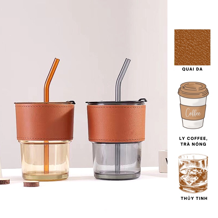 Ly cốc thủy tinh bọc da có nắp [GIÁ TỐT] kèm ống hút thủy tinh uống trà, cà phê văn phòng bao sang chảnh 450ml