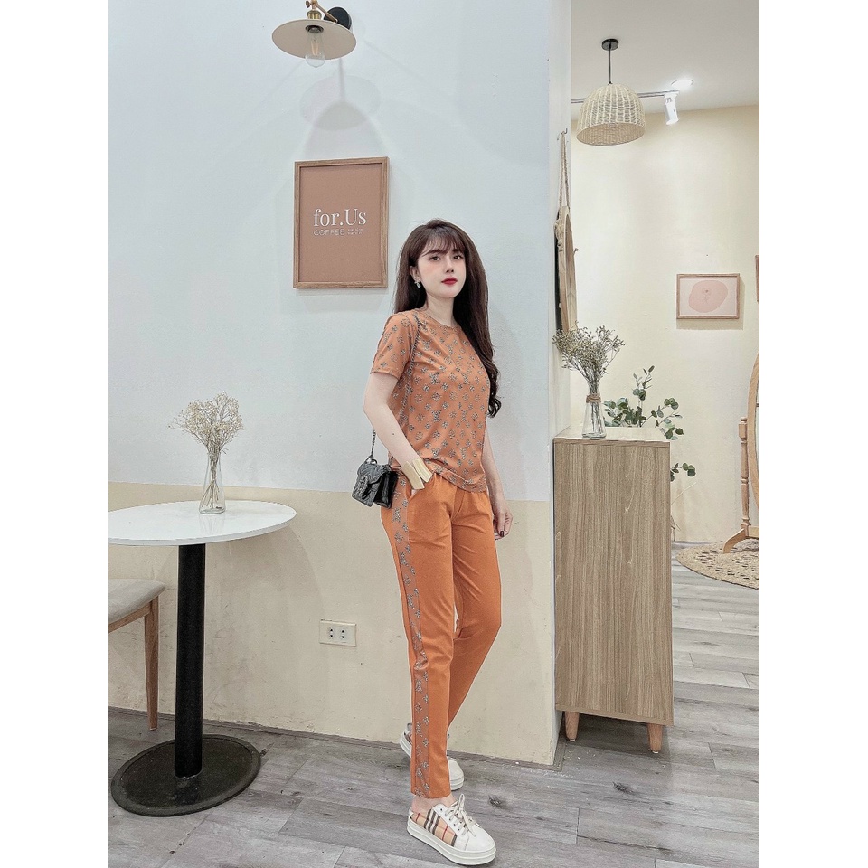 Đồ Bộ Dài Áo Thun Lạnh In Kí Tự Phối Quần Thun Cotton Kẻ Sọc  Họa Tiết