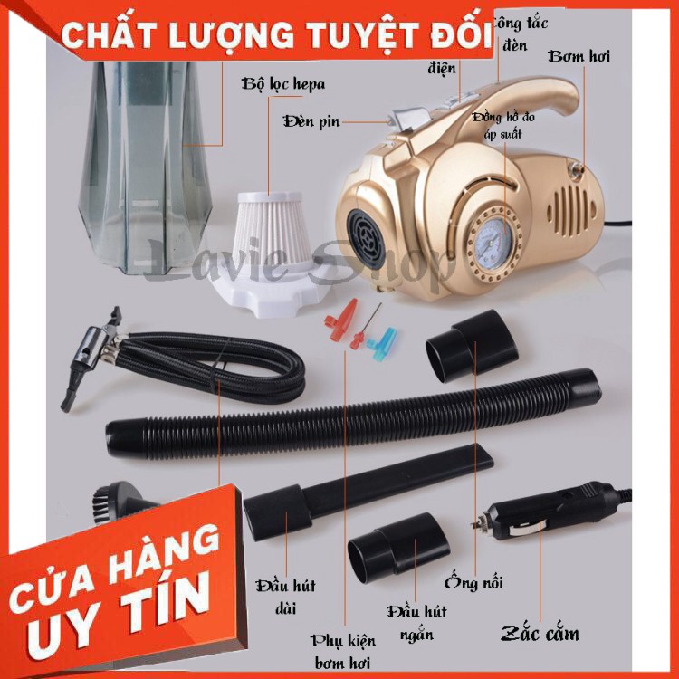 1 Máy Hút Bụi Ô Tô, Xe Hơi Cầm Tay 4 Trong 1 Kiêm Bơm Hơi, Đèn Pin, Đo Áp Xuất Công Suất Lớn 120W HB88 .