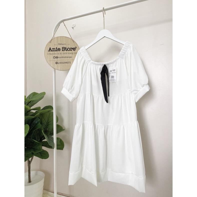 Đầm Trắng Cổ Vuông Nơ Cài,Váy Nữ Cộc Tay Nơ Đen Dáng Xòe Hàng QC Loại 1 SIÊU HOT | BigBuy360 - bigbuy360.vn