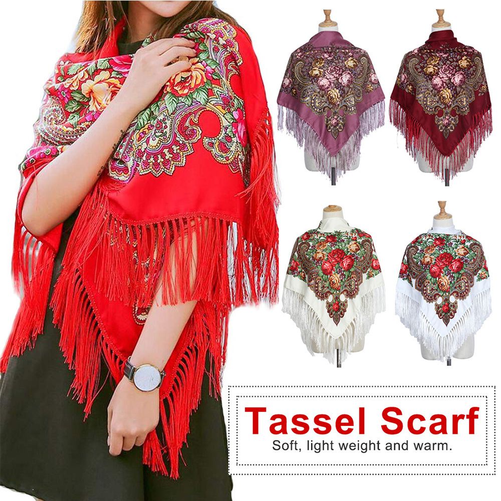 Khăn choàng cổ hình vuông bằng cotton phối tua rua phong cách Nga cổ điển thời trang dành cho nữ
