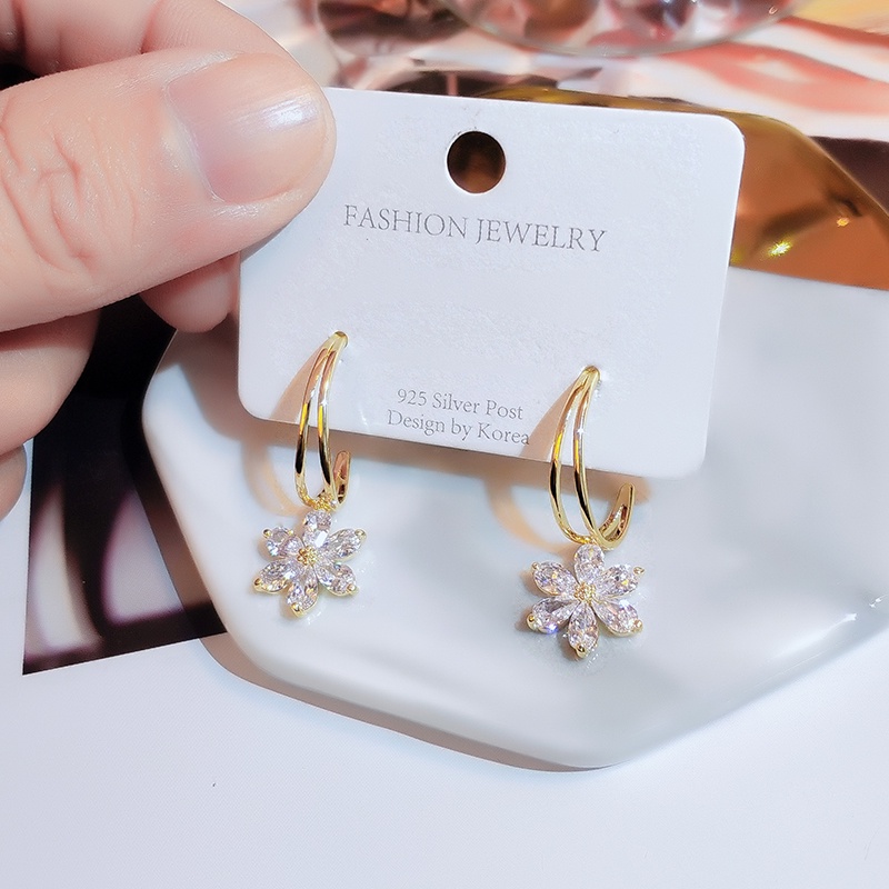 Khuyên tai JIUDUOLAN mặt bông hoa đính đá zircon mạ vàng 18K sáng bóng thời trang Hàn Quốc thanh lịch cho nữ