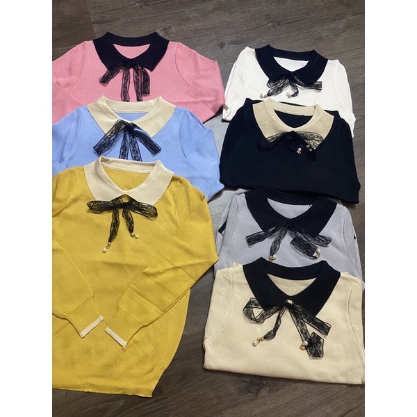 Áo len nữ dài tay cổ đức nơ ren đính ngọc, áo len đẹp  sẵn hàng tại shop