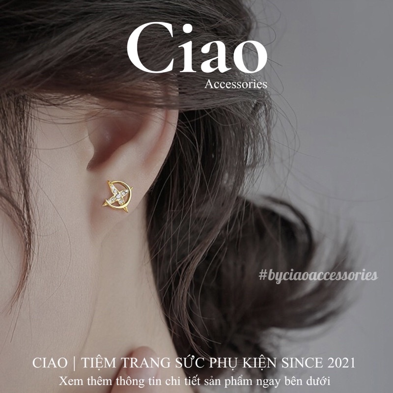 [HOẢ TỐC 1H] Khuyên tai/ Bông tai mạ bạc S925 thiết kế sun moon đính đá Maeby Tiny Ciao